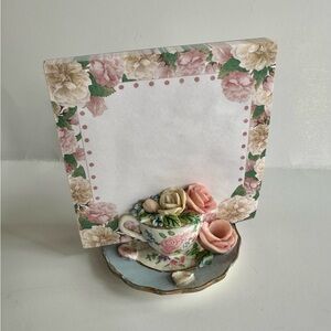 Floral Tea Cup Note Holder with Pink & Cream Roses-notepad 4”, 5 1/4” size